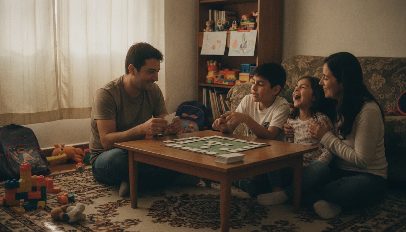 Familia con dos hijos jugando un juego de mesa en el piso de la sala un sábado en la tarde, todos concentrados en el tablero