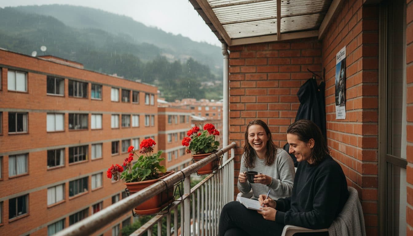 Pareja sentada en el balcón de su apartamento en una tarde de lluvia, uno escribiendo en una libreta y el otro sosteniendo dos tintos