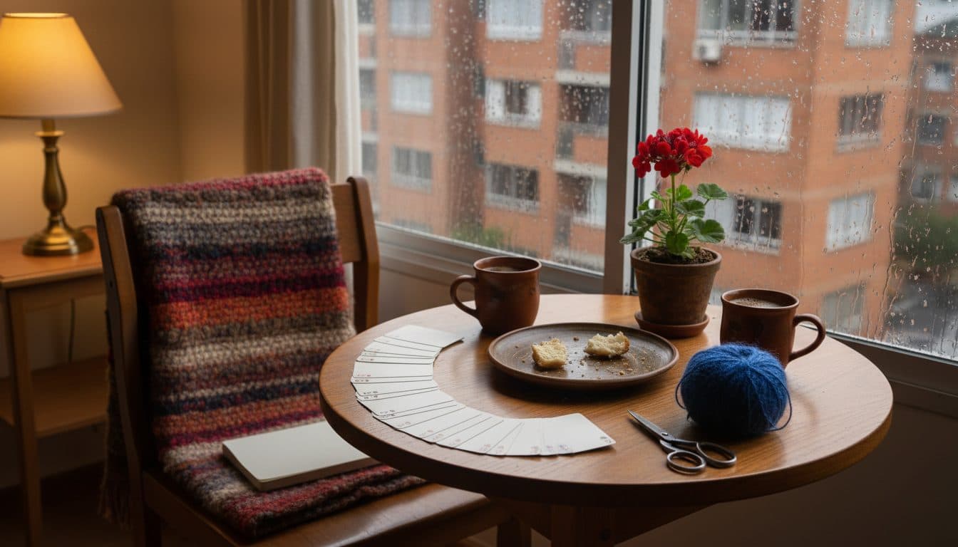 Mesa junto a la ventana de un apartamento en una tarde de lluvia, con dos tazas de tinto a medio tomar, una manta sobre la silla y un mazo de cartas en blanco