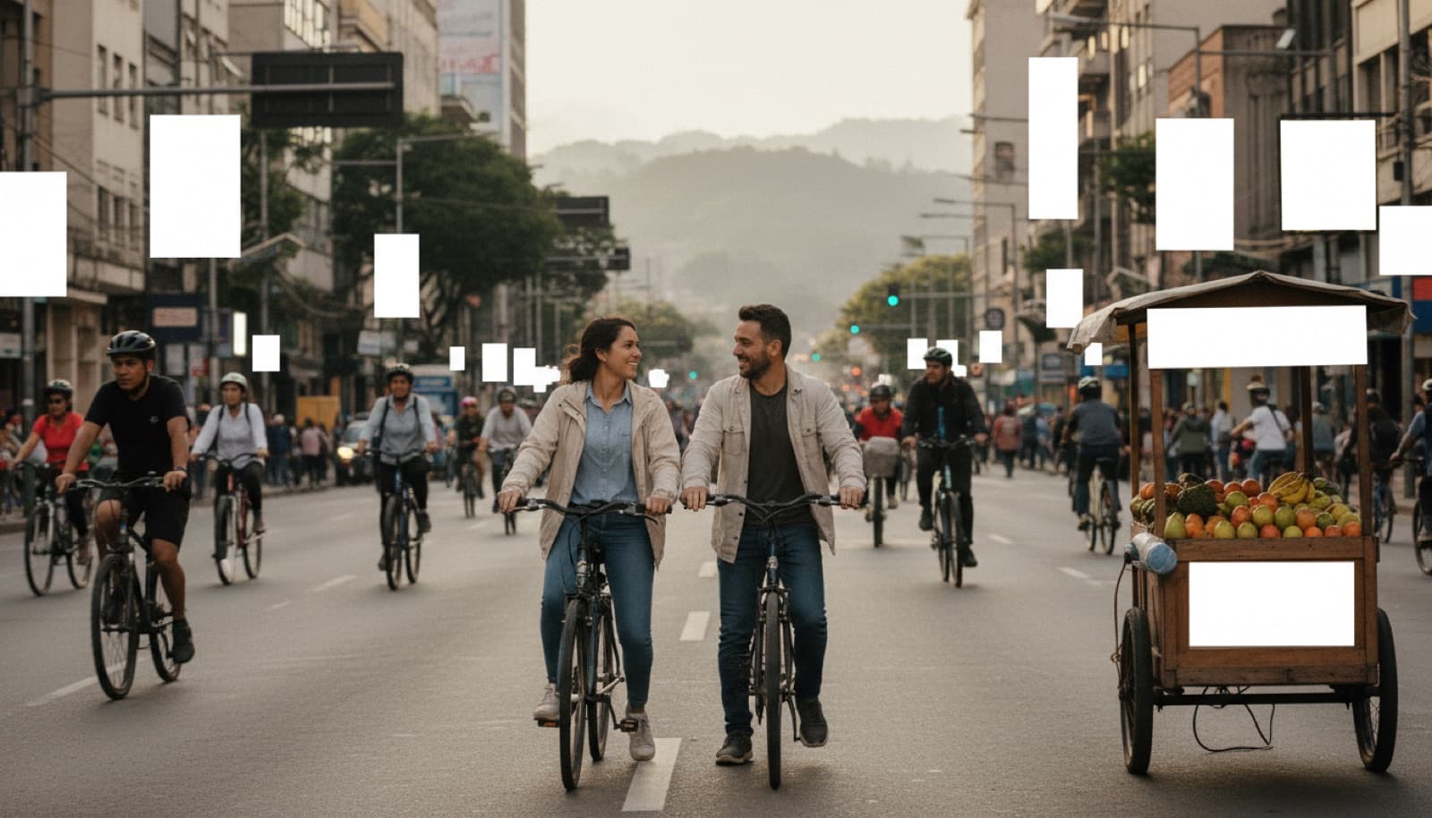 Pareja caminando por la ciclovía un domingo en la mañana, con la ciudad despertando alrededor