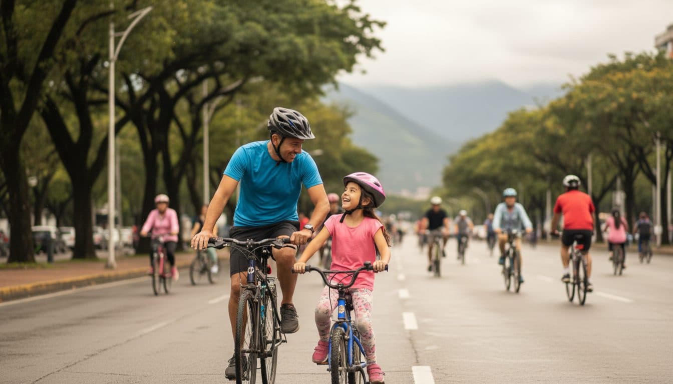 Padre montando en bicicleta al lado de su hija de unos ocho años en la ciclovía dominical de Bogotá, con los cerros al fondo