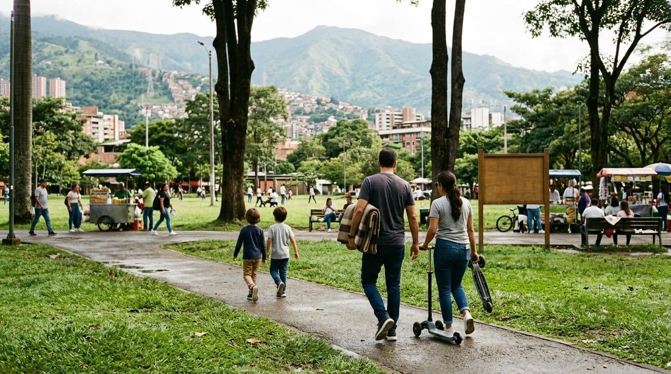 Familia caminando junta por un sendero de un parque de Medellín un domingo en la mañana, con las montañas verdes al fondo