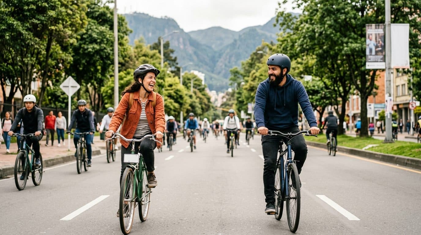Pareja en bicicleta detenida al borde de la ciclovía un domingo por la mañana, riéndose con los cerros y los edificios de ladrillo de la ciudad al fondo