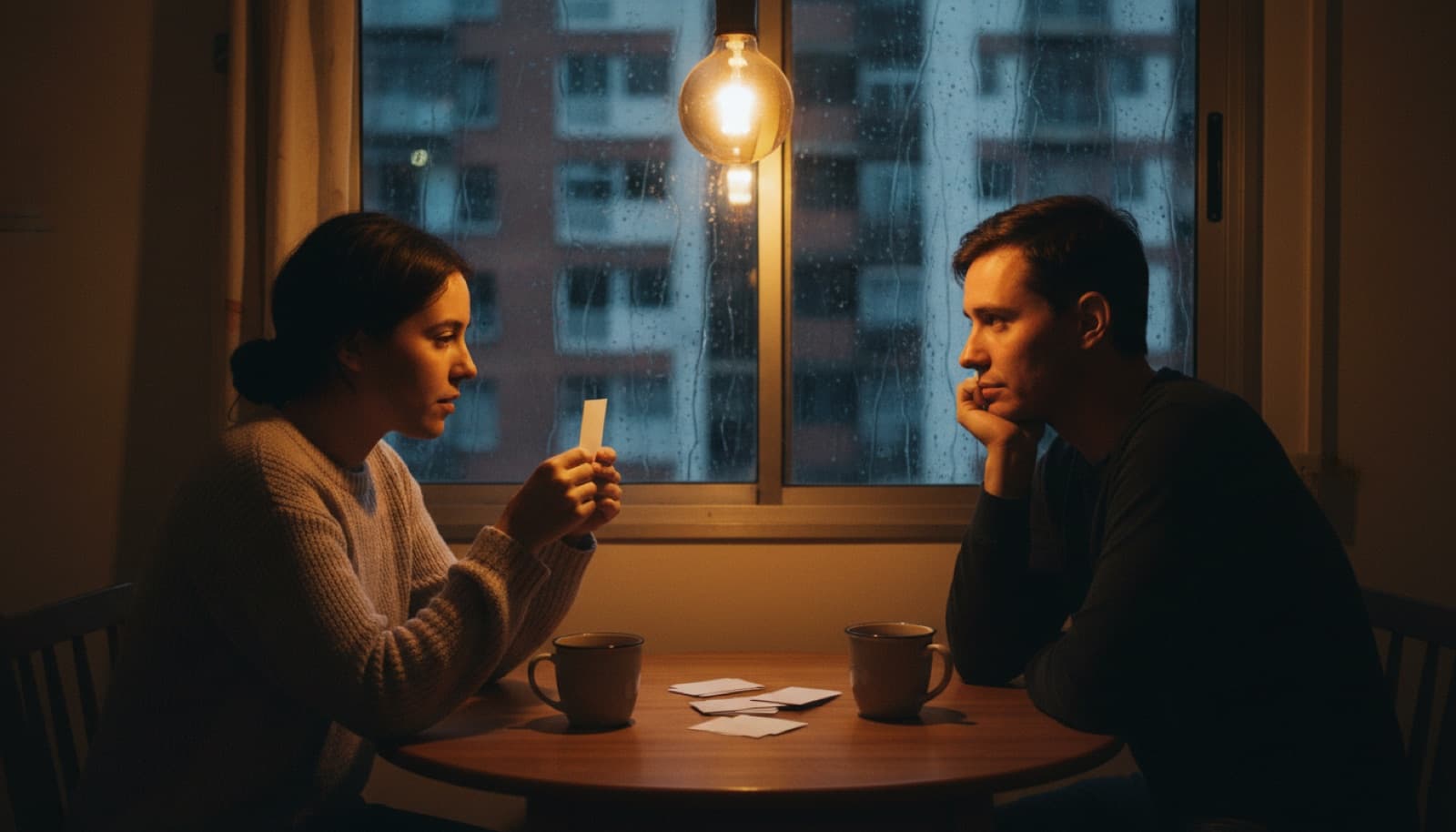 Pareja sentada frente a frente en la mesa de la cocina, uno leyendo una carta de preguntas en voz alta y el otro escuchando con atención