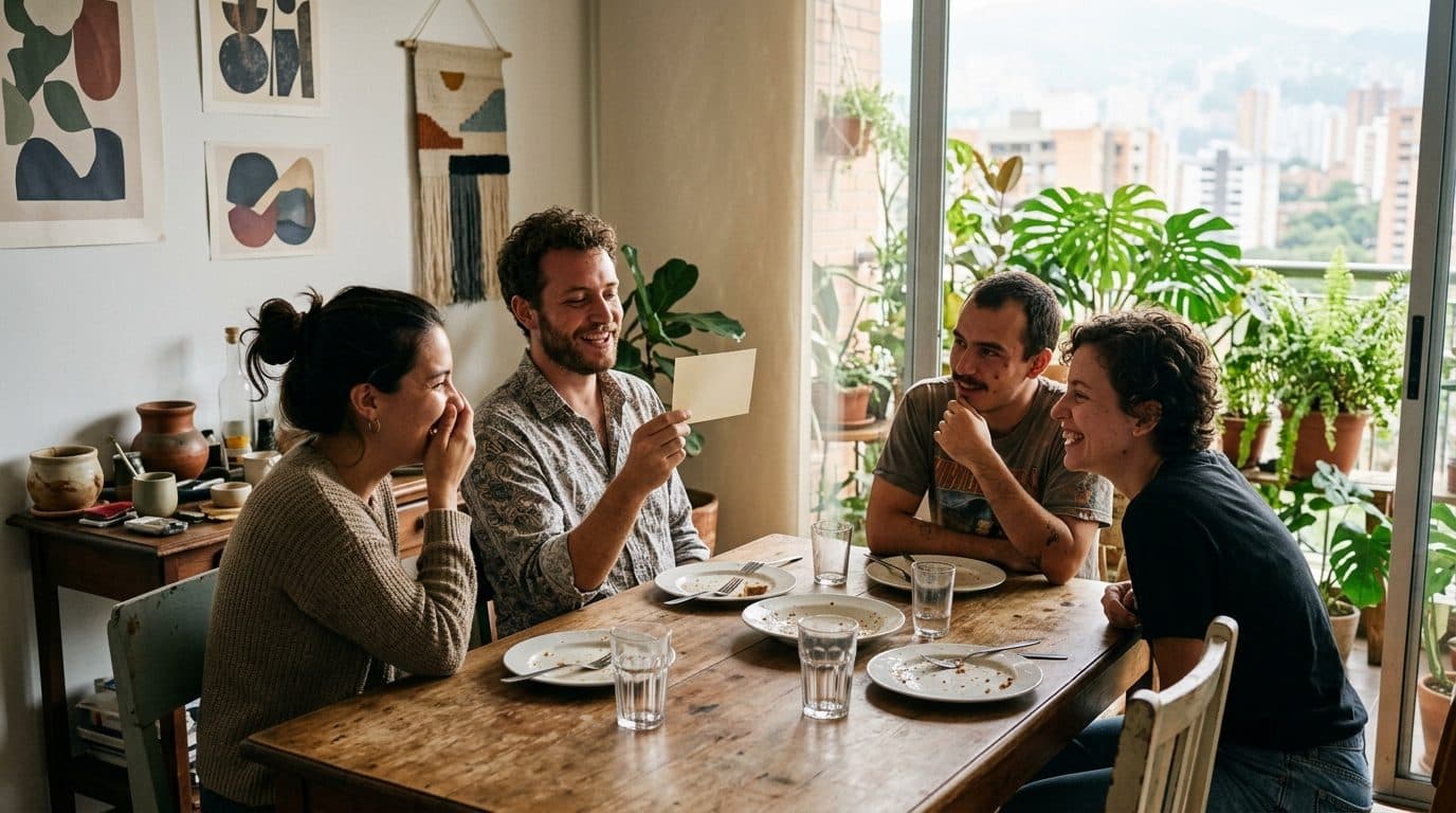 Cuatro amigos en la sobremesa de un almuerzo de domingo, uno leyendo en voz alta una carta mientras los demás escuchan riéndose