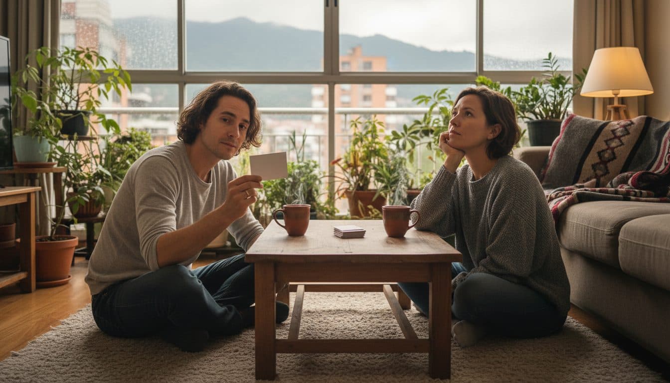 Pareja de treinta y tantos sentada en el piso a ambos lados de una mesa baja en un apartamento de Bogotá, uno leyendo una tarjeta en voz alta y el otro escuchando con atención, tazas de tinto entre los dos y montañas verdes borrosas tras el balcón
