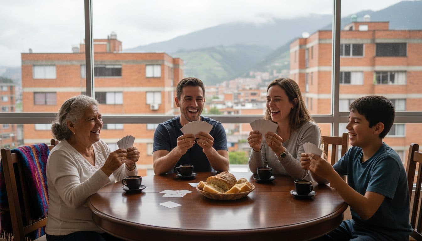 Tres generaciones de una familia alrededor de la mesa del comedor en un apartamento de Bogotá, riéndose mientras sostienen cartas en la mano, con tazas de tinto y lluvia en la ventana