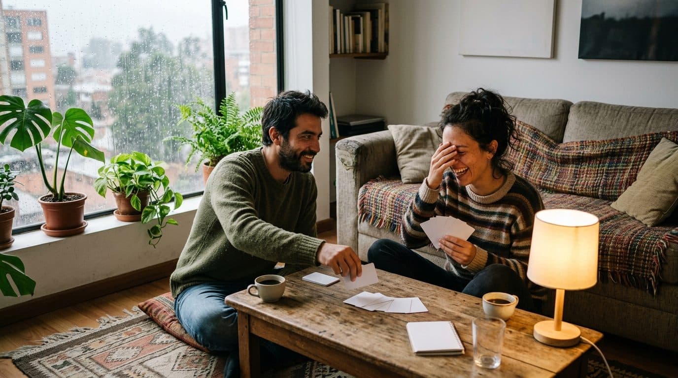 Pareja sentada en el piso de la sala jugando cartas sobre la mesa de centro, con dos pocillos de tinto al lado y la lluvia golpeando la ventana