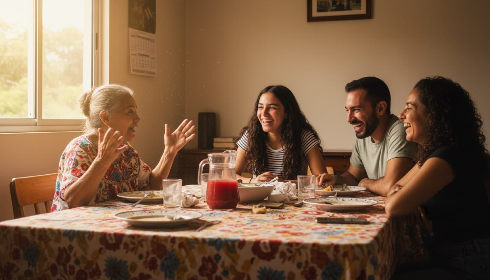 Tres generaciones de una familia alrededor de la mesa después del almuerzo, una abuela contando algo y los demás escuchando con atención