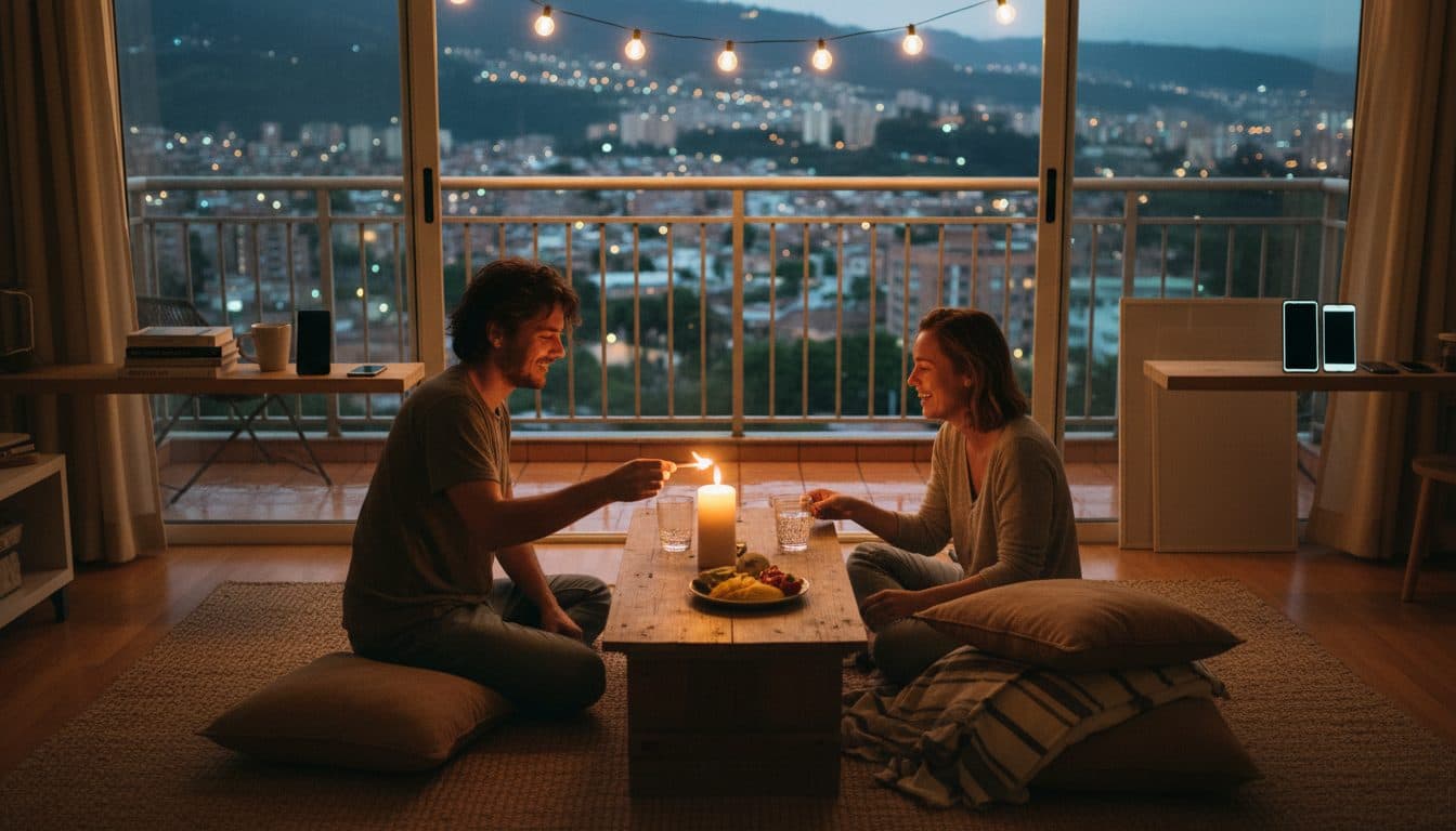 Una pareja preparando el piso de la sala con velas, cojines y una manta para pasar la noche en casa, en un apartamento de Medellín después de la lluvia