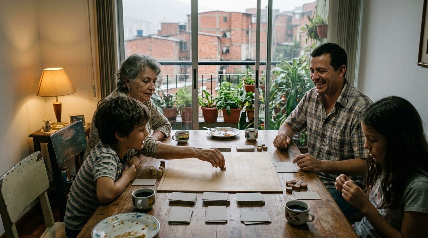 Abuela, dos niños y dos adultos alrededor de la mesa del comedor en un apartamento de Medellín, jugando una tarde de lluvia