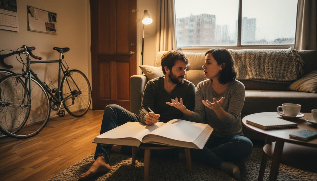 Pareja sentada en el piso de la sala de un apartamento en Bogotá con un libro de páginas en blanco abierto entre los dos, planeando algo, con dos bicicletas junto a la puerta