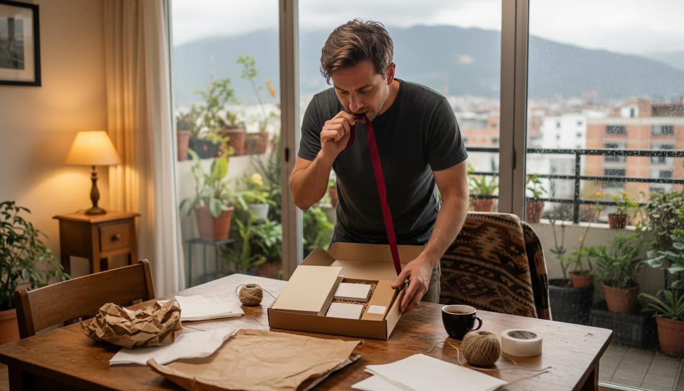 Hombre armando una caja de regalo con tres productos envueltos sobre la mesa del comedor de un apartamento en Bogotá, con papel kraft y cinta