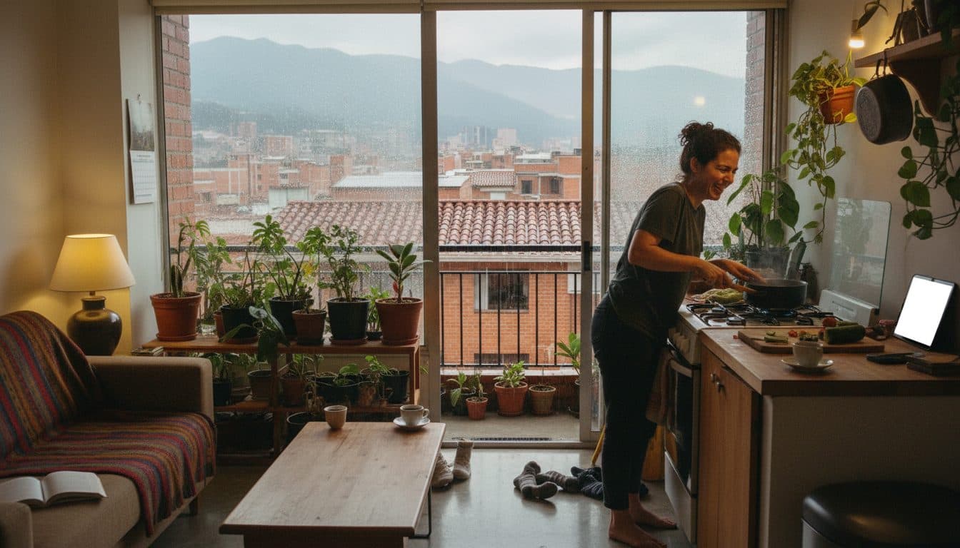 Pareja cocinando junta en el apartamento una tarde de lluvia en Bogotá, uno revolviendo una olla y el otro picando en el mesón