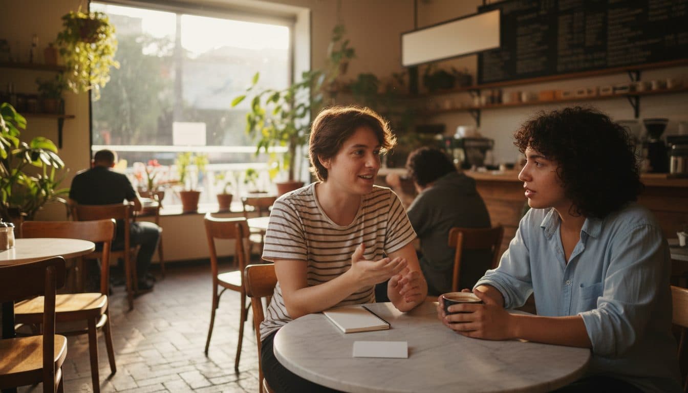 Dos personas de veintitantos conversando en una mesa pequeña de café en Medellín, una gesticula mientras la otra escucha con las manos alrededor de una taza de tinto, plantas y otros clientes borrosos al fondo