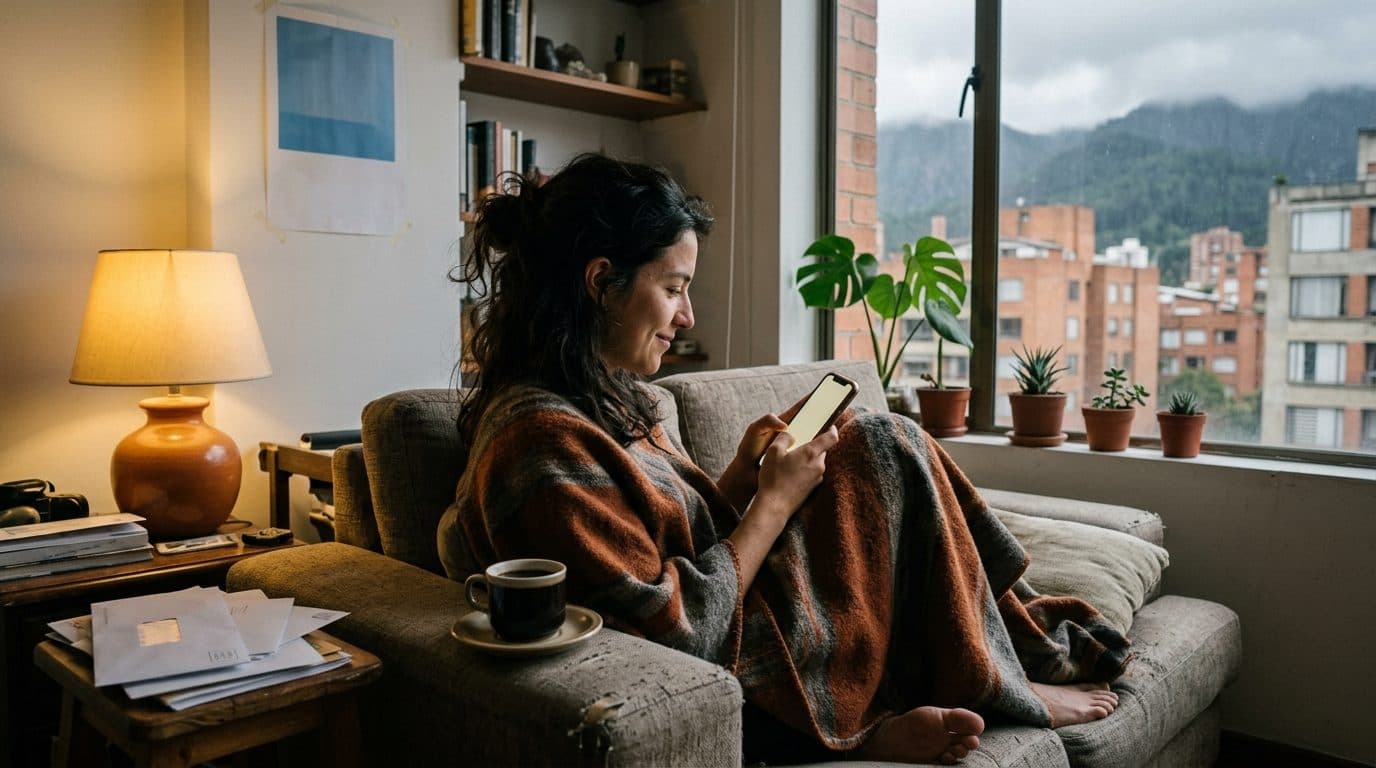 Mujer joven escribiendo por el celular en el sofá de un apartamento en Bogotá, una tarde gris, con una ruana sobre las piernas