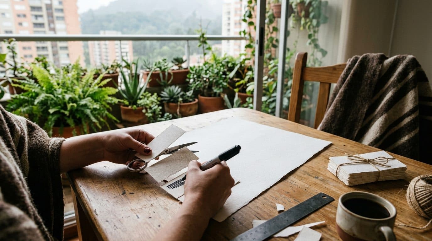 Manos recortando y escribiendo cupones de papel sobre una mesa de comedor en un apartamento de Bogotá, con un tinto al lado y lluvia en el balcón