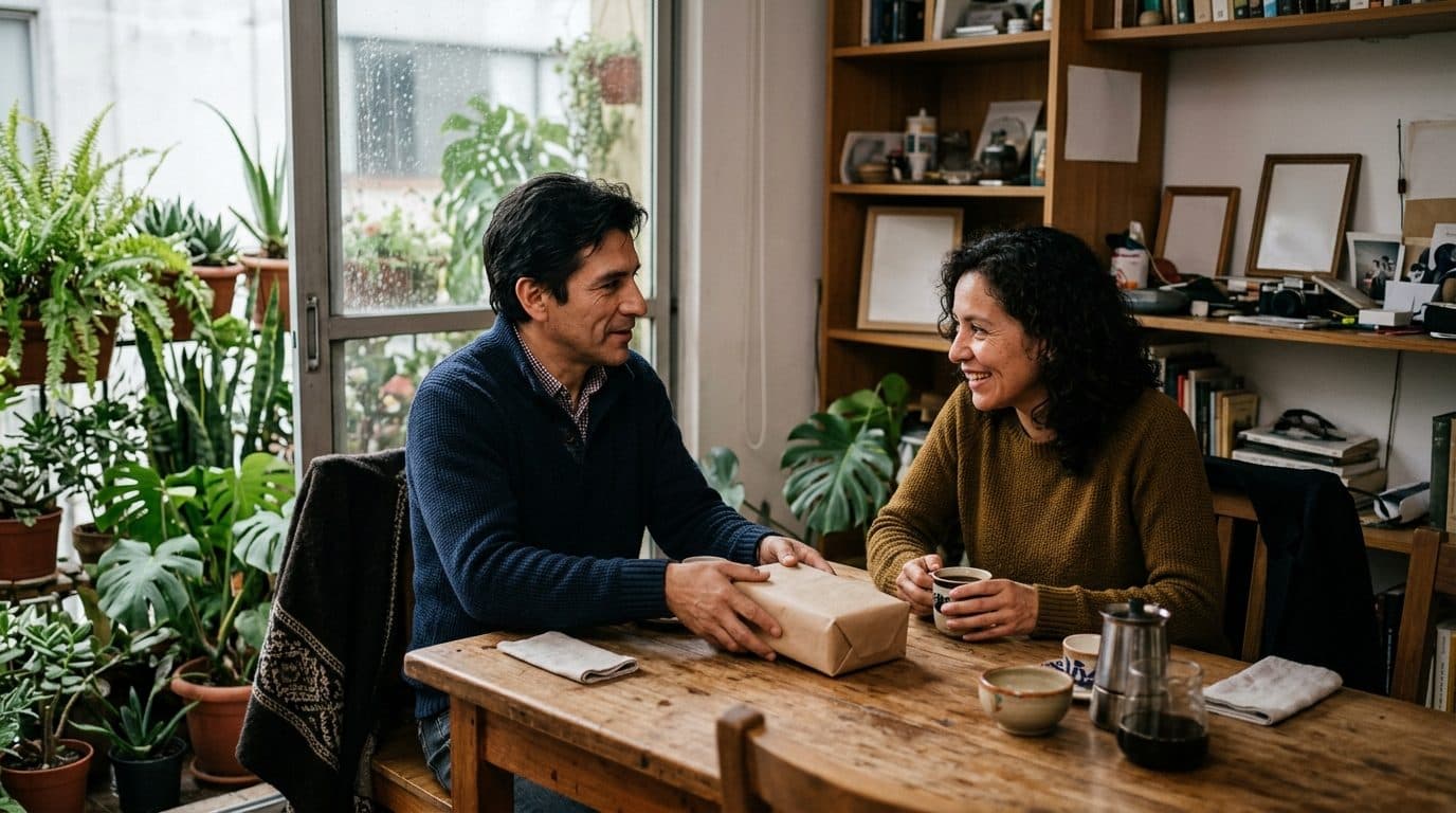 Pareja en la mesa del comedor de un apartamento en Bogotá, uno desliza un paquete envuelto hacia el otro que se inclina sorprendido con una taza de tinto en la mano