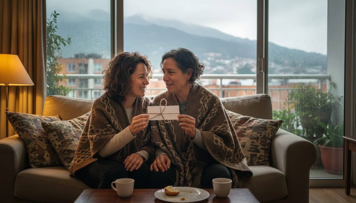 Pareja colombiana en la sala de su apartamento entregándose un pequeño cupón hecho a mano en el aniversario, con una tarde lluviosa de Bogotá al fondo