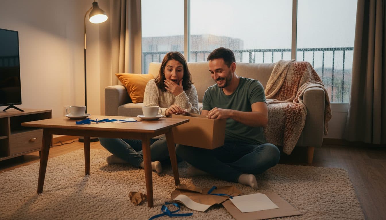 Pareja sentada en el piso de la sala de su apartamento abriendo juntos una caja de regalo envuelta en papel, con lluvia en la ventana y una lámpara encendida