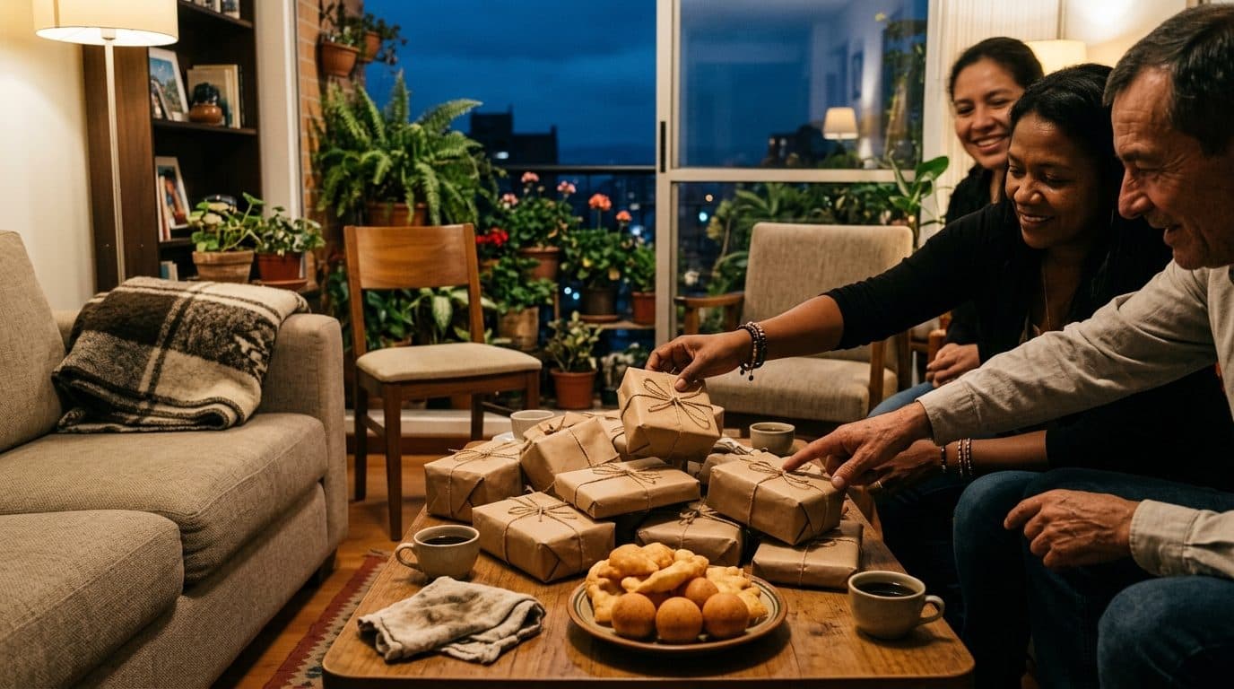 Mesa de sala llena de paquetes envueltos en papel kraft durante un intercambio de amigo secreto en un apartamento de Bogotá en diciembre