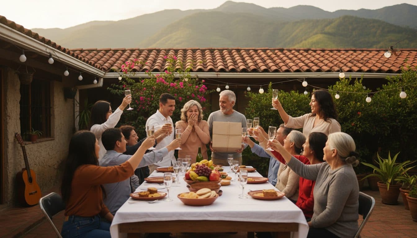 Pareja de unos cincuenta y tantos años recibiendo un brindis de toda su familia en el patio de una casa a las afueras de Medellín durante sus bodas de plata