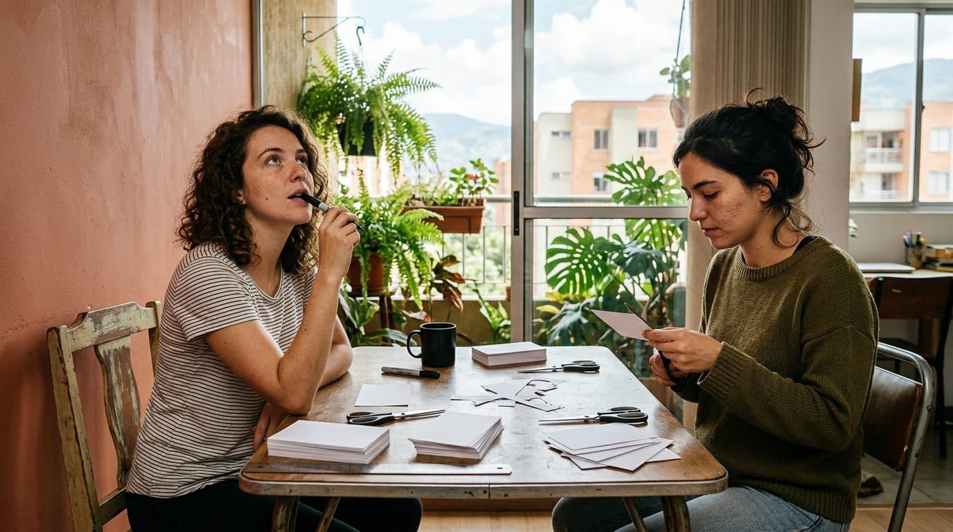 Dos amigas cortando fichas de cartulina en la mesa del comedor de un apartamento en Medellín para armar un mazo de preguntas casero
