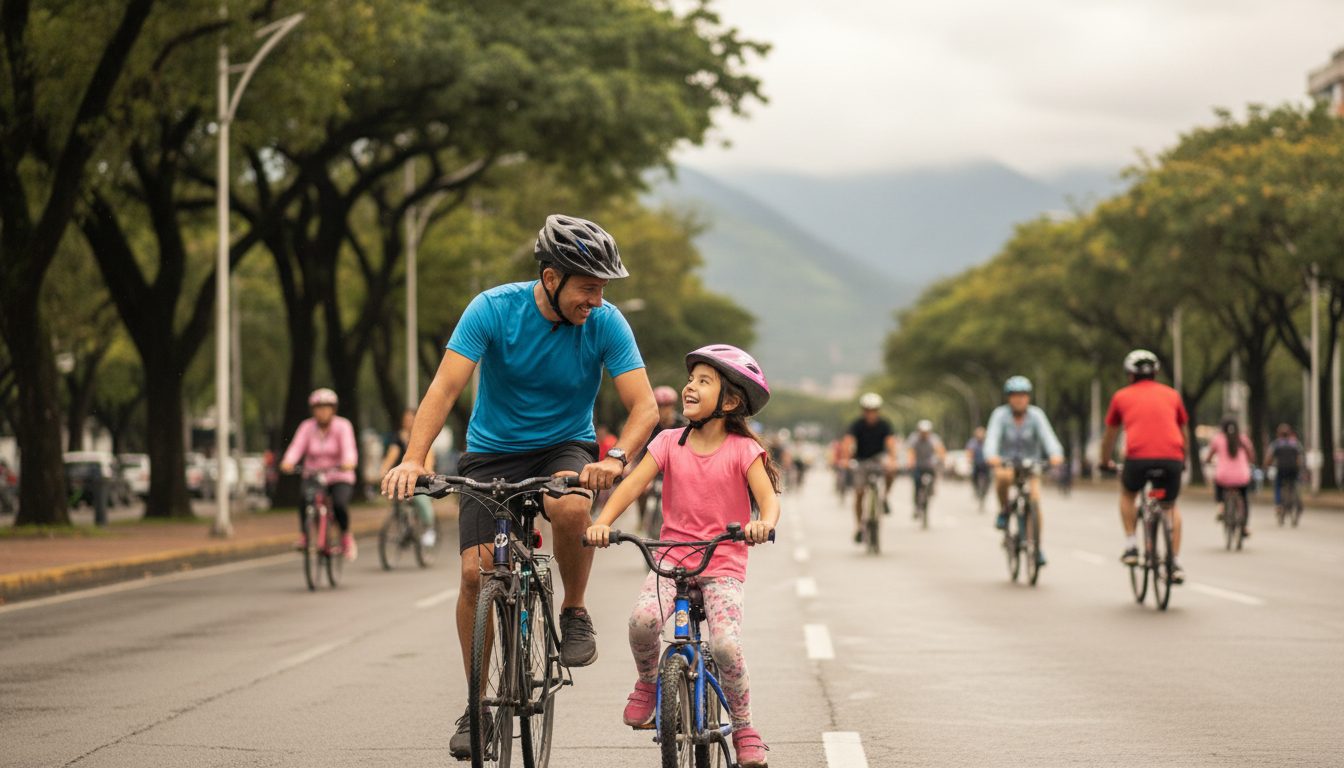 Padre montando en bicicleta al lado de su hija de unos ocho años en la ciclovía dominical de Bogotá, con los cerros al fondo