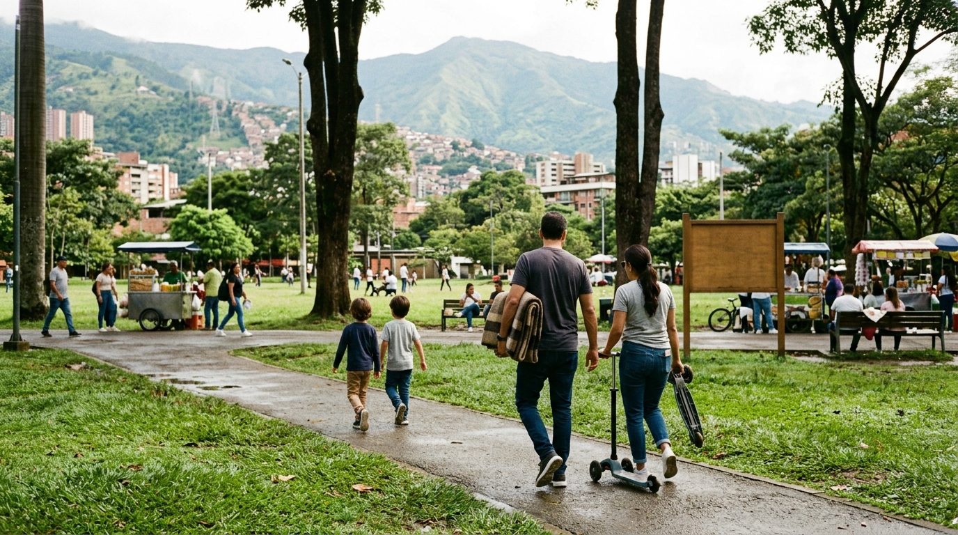 Familia caminando junta por un sendero de un parque de Medellín un domingo en la mañana, con las montañas verdes al fondo
