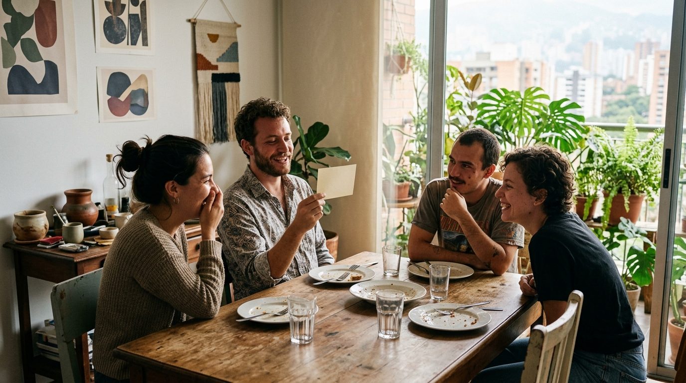 Cuatro amigos en la sobremesa de un almuerzo de domingo, uno leyendo en voz alta una carta mientras los demás escuchan riéndose