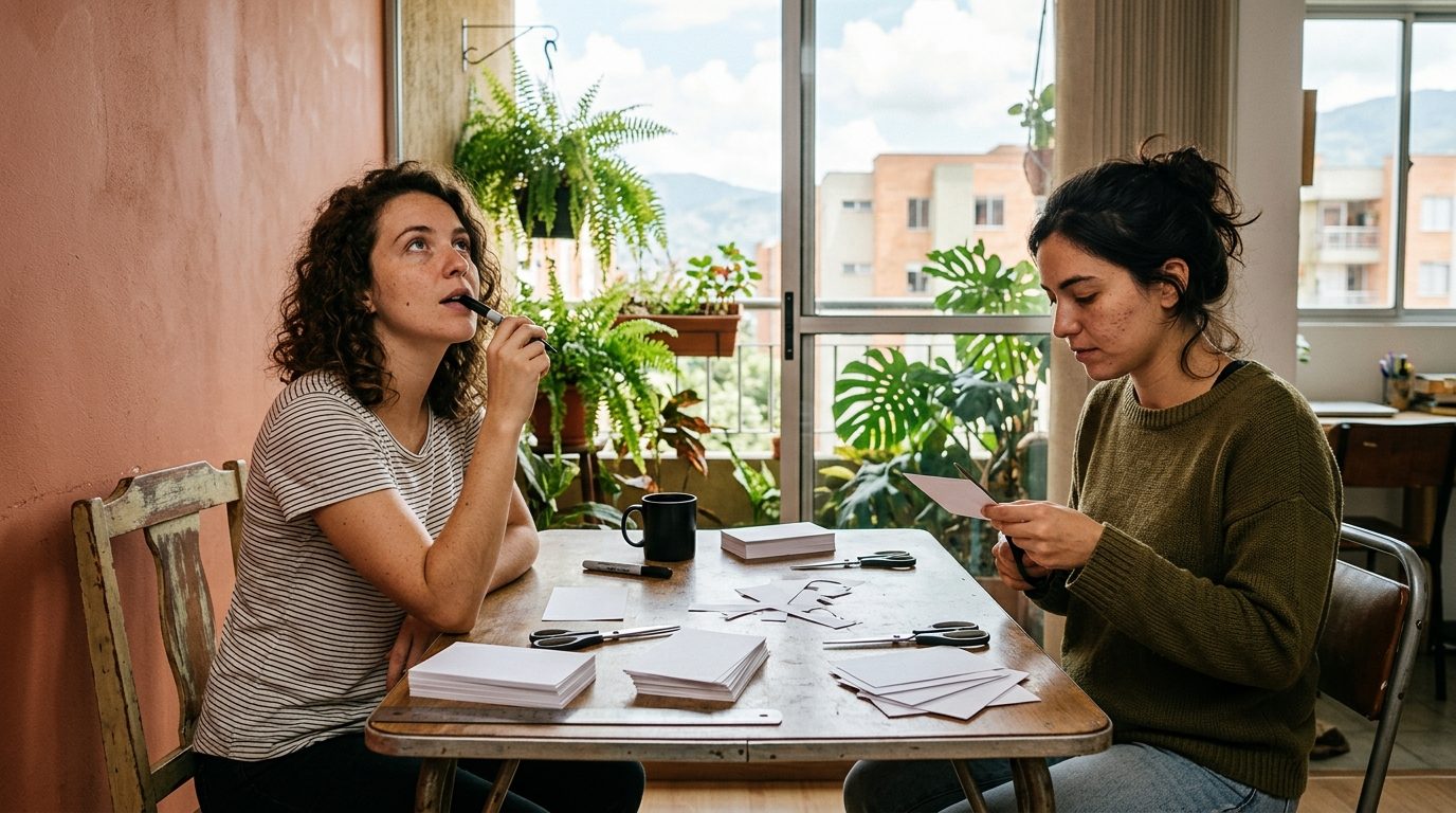 Dos amigas cortando fichas de cartulina en la mesa del comedor de un apartamento en Medellín para armar un mazo de preguntas casero