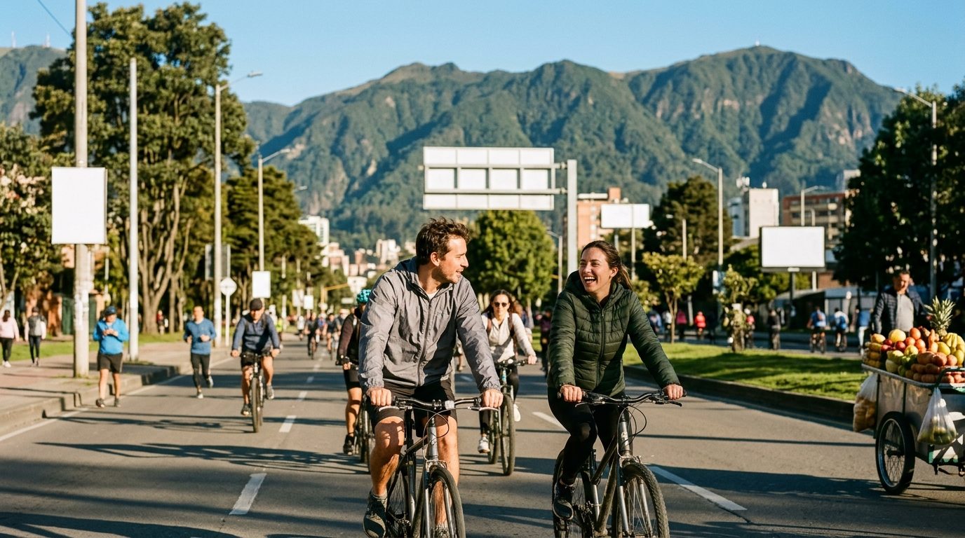 Pareja en bicicleta en la ciclovía de Bogotá una mañana despejada de diciembre