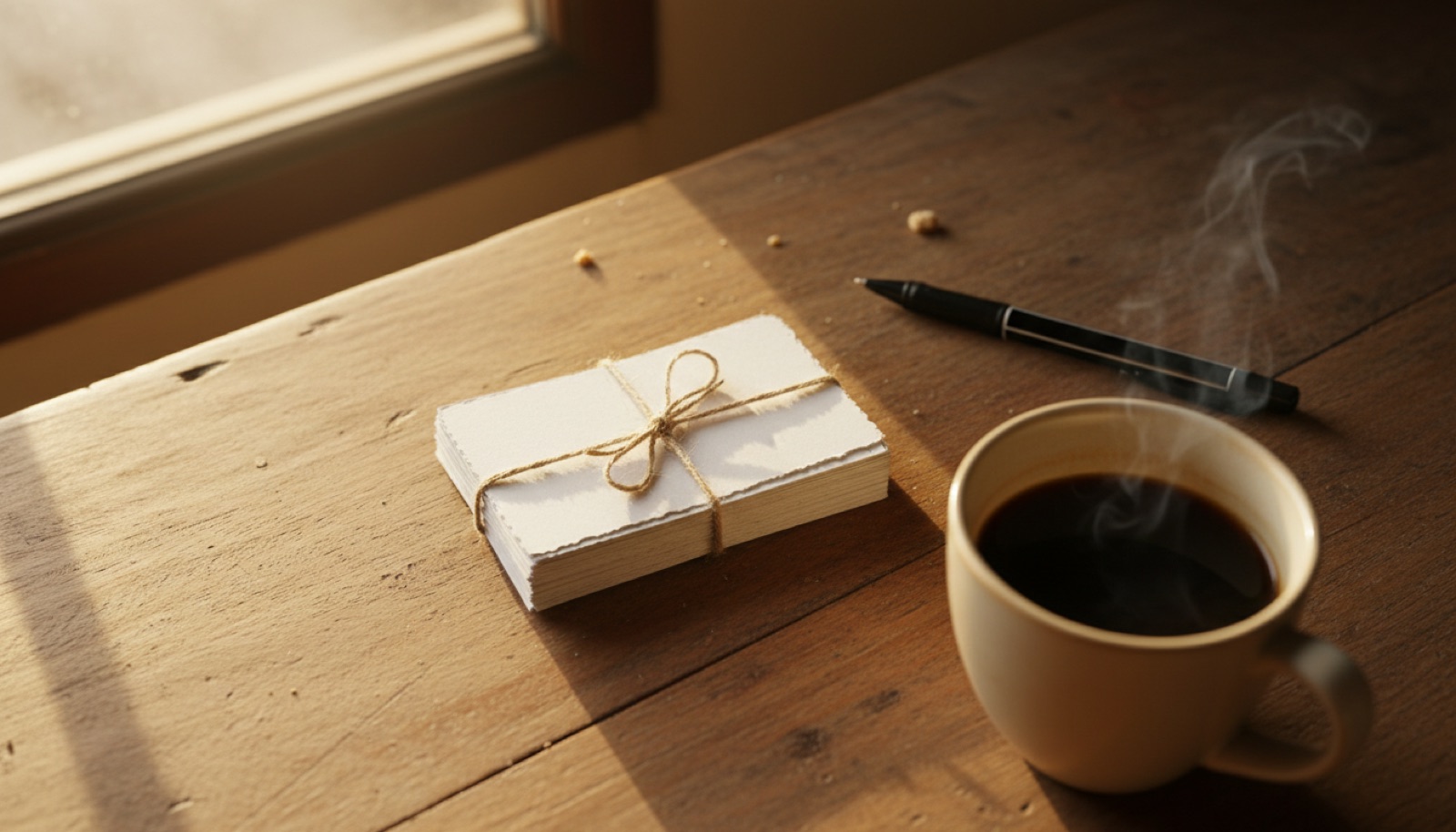 Manos escribiendo un vale de regalo hecho a mano sobre la mesa de la cocina, con una taza de tinto al lado y luz de mañana