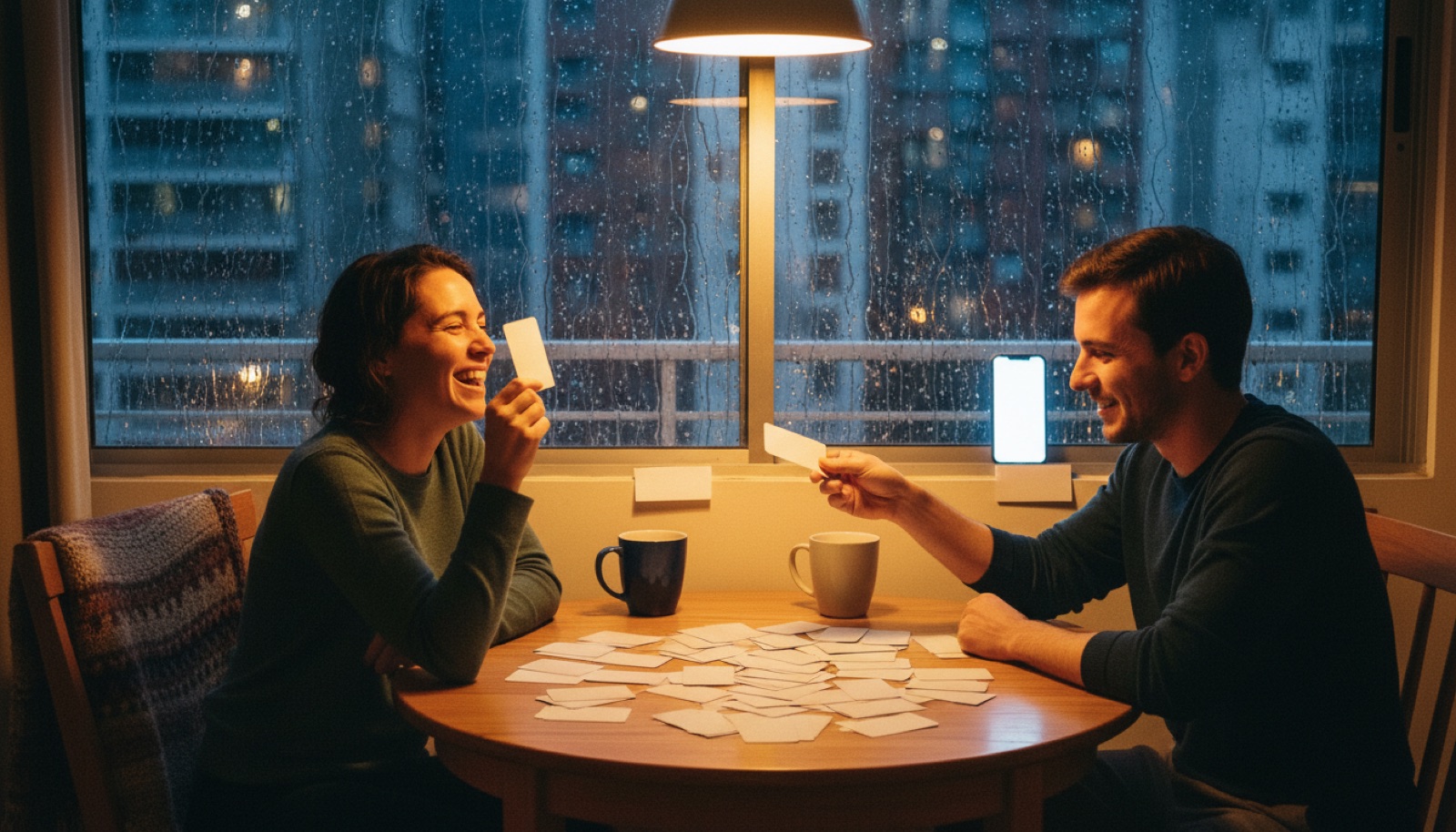 Pareja jugando cartas en la mesa del comedor una noche de lluvia, uno de los dos riéndose de la carta que acaba de salir