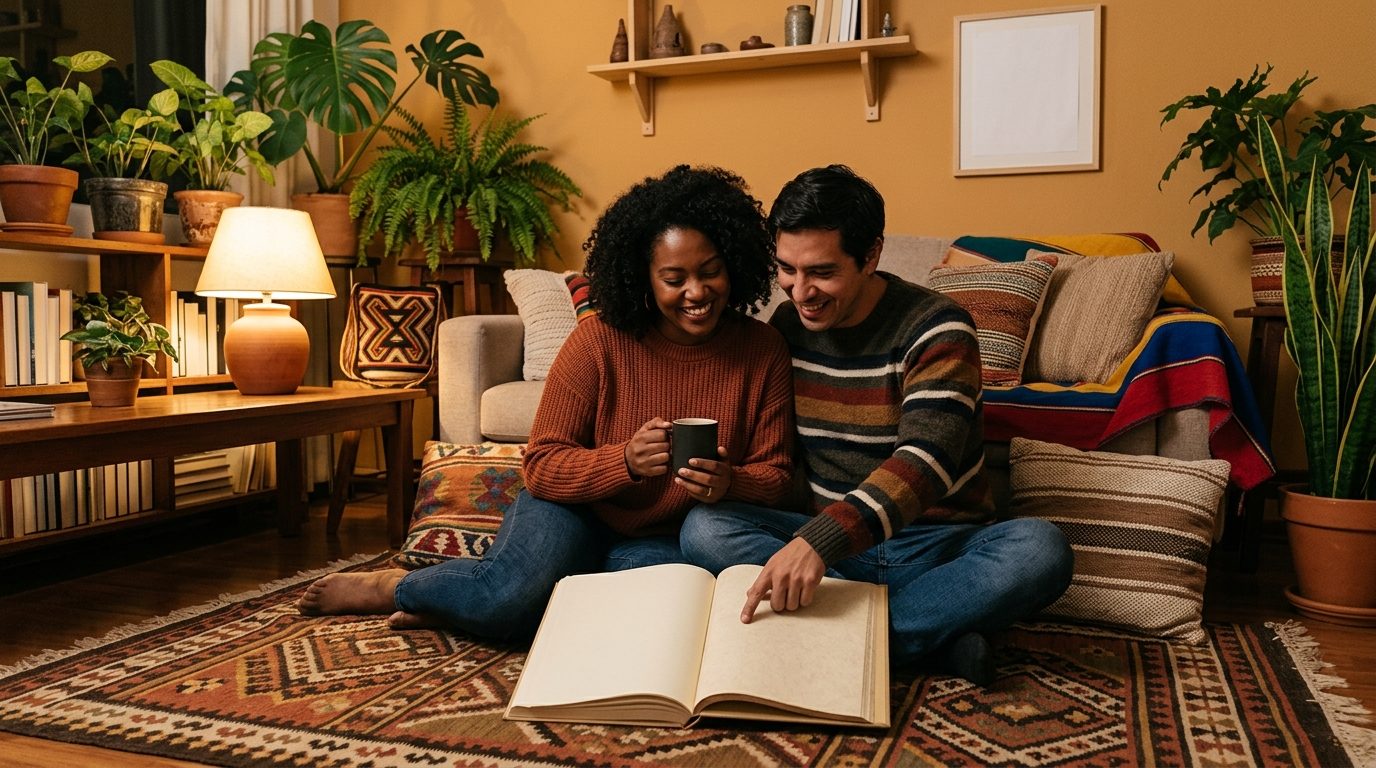 Pareja en la sala de un apartamento en Bogotá hojeando juntos un libro de actividades sobre la mesa de centro, con dos pocillos de tinto y lluvia en la ventana