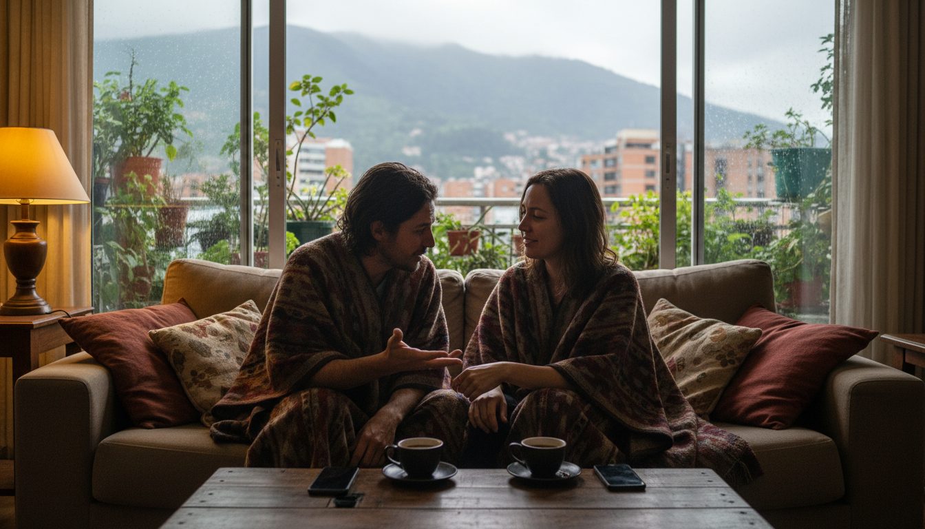 Pareja conversando en el sofá de un apartamento en Bogotá una tarde de lluvia, con una ruana sobre las piernas y los celulares boca abajo en la mesa