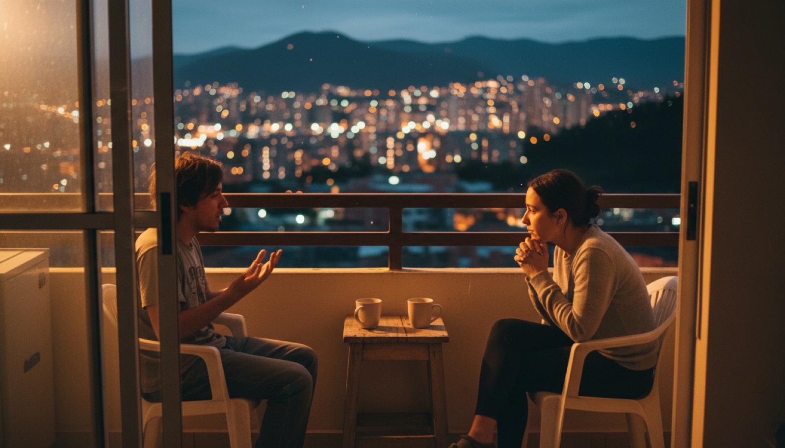 Dos personas conversando en un balcón de noche, una de ellas en mitad de una frase y la otra escuchando sin interrumpir