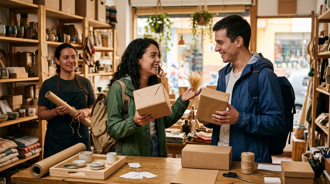 Una pareja joven en una tienda de regalos de Medellín comparando dos cajas envueltas mientras discuten en broma cuál de las dos llevar