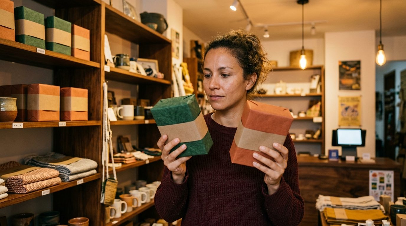 Dos personas entregando un regalo envuelto en papel sencillo a una pareja en la sala de un apartamento, con café servido sobre la mesa