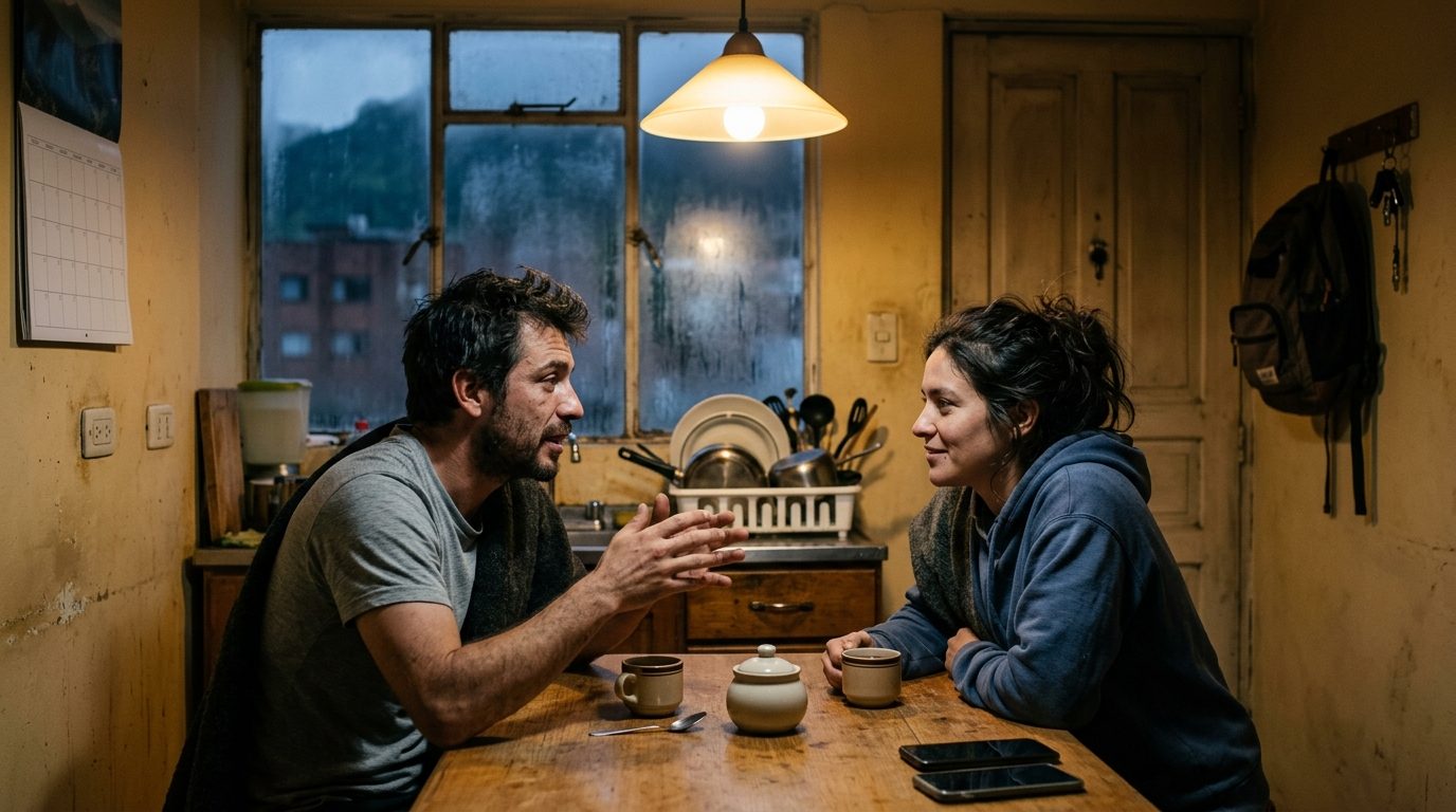 Pareja bogotana sentada frente a frente en la mesa de la cocina muy temprano en la mañana, con dos tintos y los celulares boca abajo, conversando antes de salir a trabajar